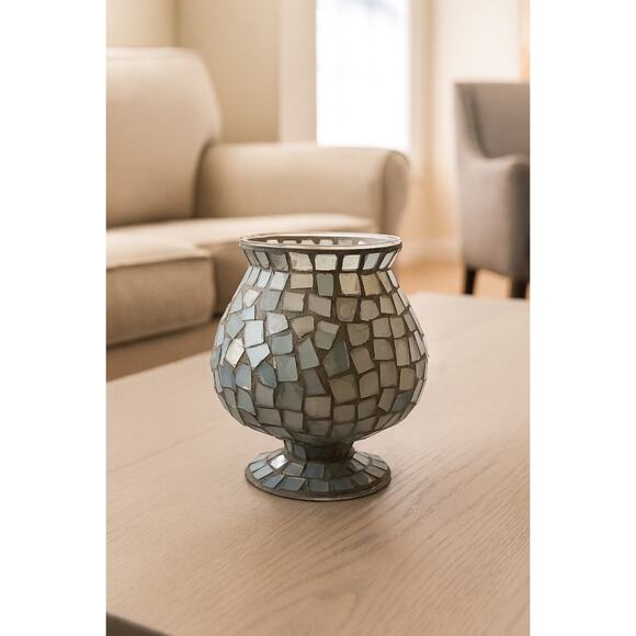 Vintage Mosaic Glass Pedestal Vase CandleHolder 8” tall Silvery Gray - Picture 2 of 7
